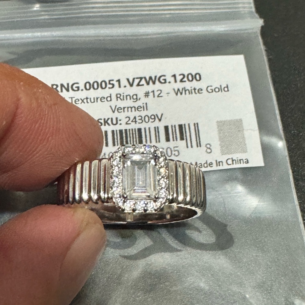 White Gold Vermeil Textured Ring with Gemstone size 12